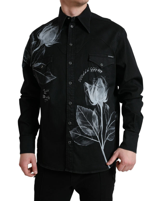 Black Floral Cotton Collared Dress Shirt