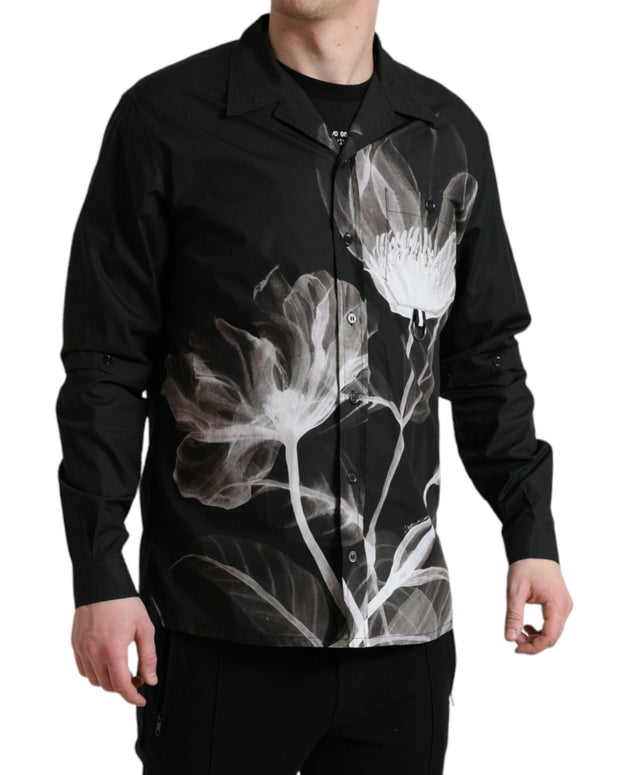 Black Floral Cotton Collared Long Sleeves Men Shirt