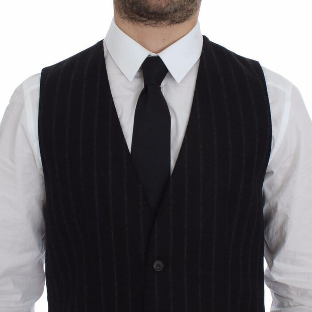 Elegant Black Striped Single Breasted Dress Vest