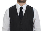 Elegant Gray Striped Wool Dress Vest