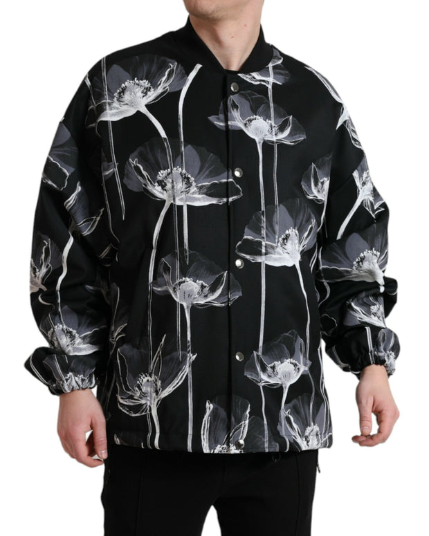 Black Floral Print Wool Button Down Bomber Jacket