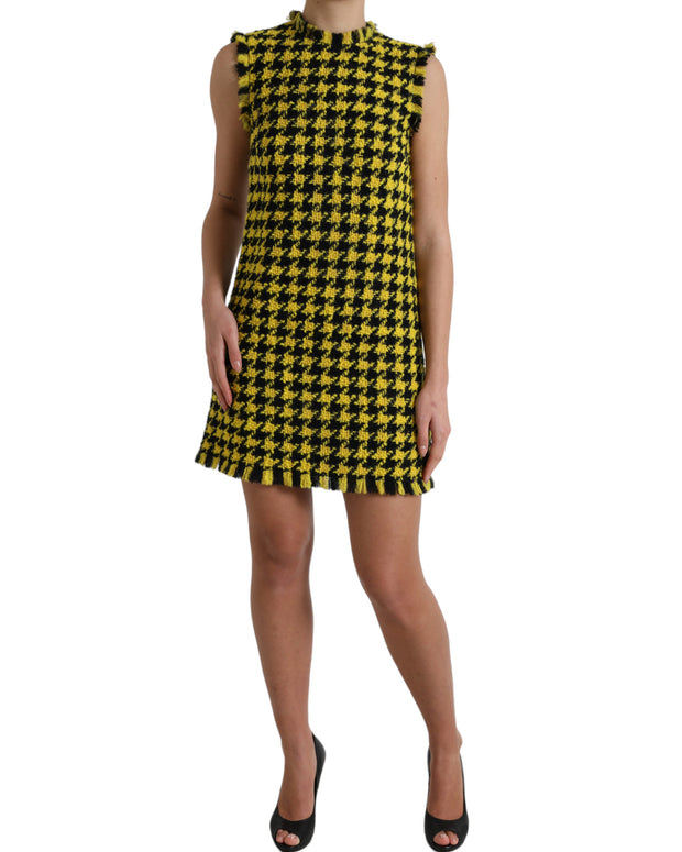 Yellow Houndstooth Sleeveless Aline Mini Dress