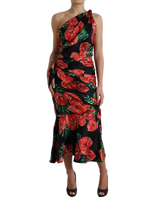 Black Shiny Silk Floral Print Draped Dress