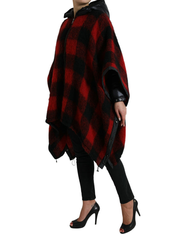 Black Red Buffalo Check Hooded Poncho Jacket