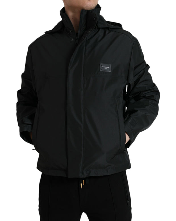 Black Polyester Logo Plaque Hooded Jacket