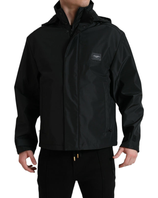 Black Polyester Logo Plaque Hooded Jacket