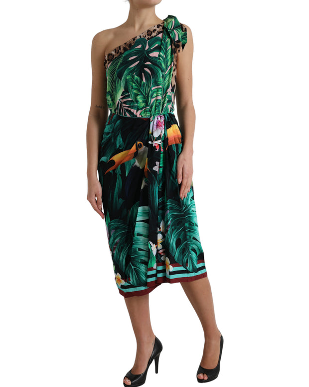 Green Tropical Jungle Print One Shoulder Midi Dress