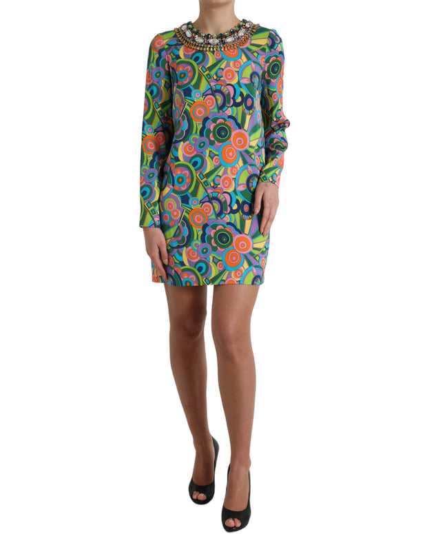 Multicolor Geometric Print Silk Crystals Midi Dress