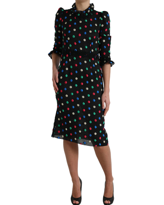 Black Polka Dot Ruffle Cotton Midi Dress