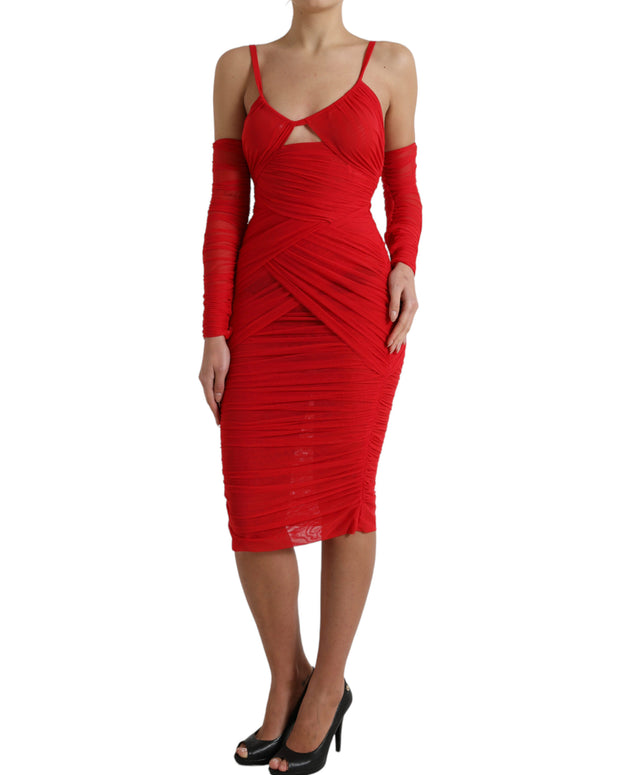 Red Nylon Stretch Cut Out Midi Dress
