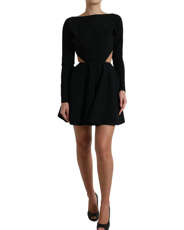 Black Viscose Cut Out A-line Long Sleeves Mini Dress
