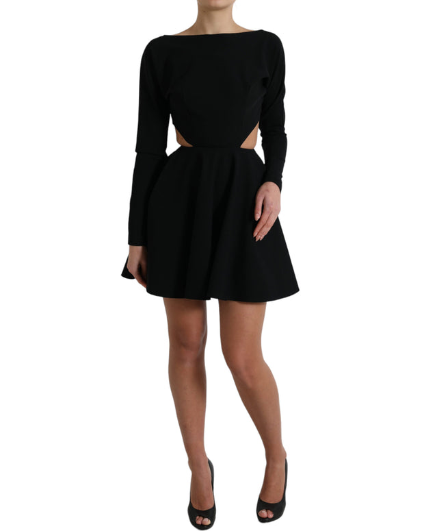 Black Viscose Cut Out A-line Long Sleeves Mini Dress