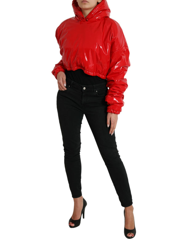 Shiny Red Hooded Cropped Short Coat Jacket