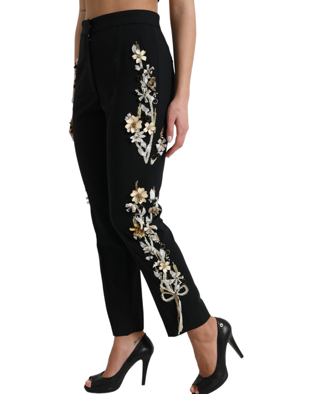 Black Floral Applique High Waist Tapered Pants