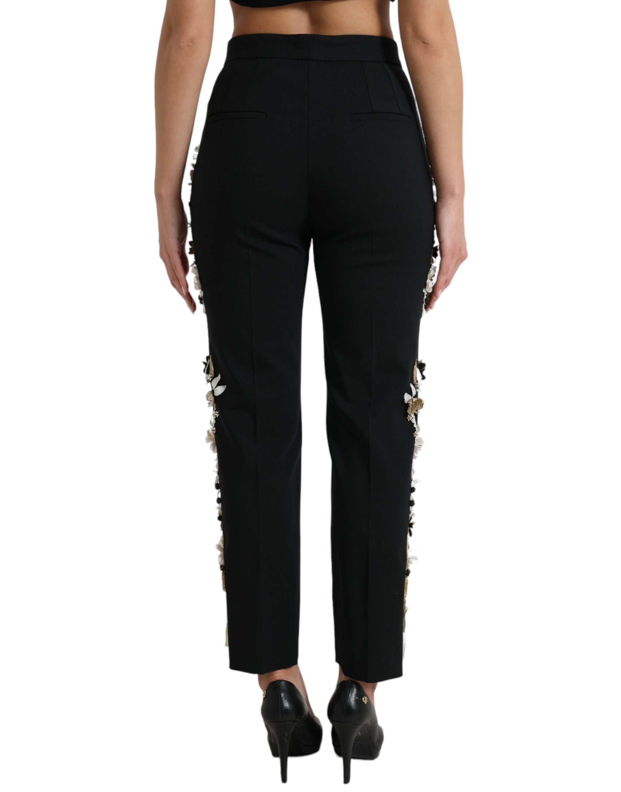 Black Floral Applique High Waist Tapered Pants