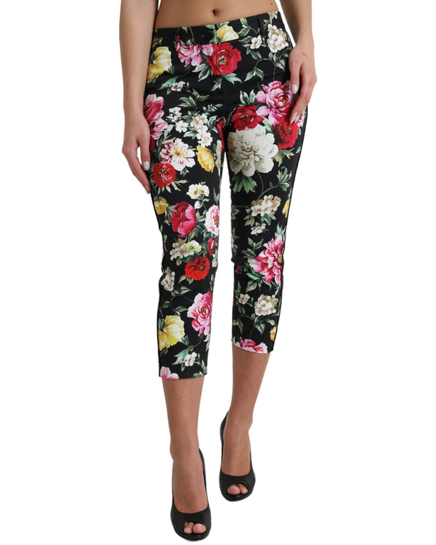 Black Floral Print Mid Waist Cropped Pants