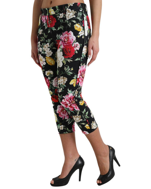 Black Floral Print Mid Waist Cropped Pants