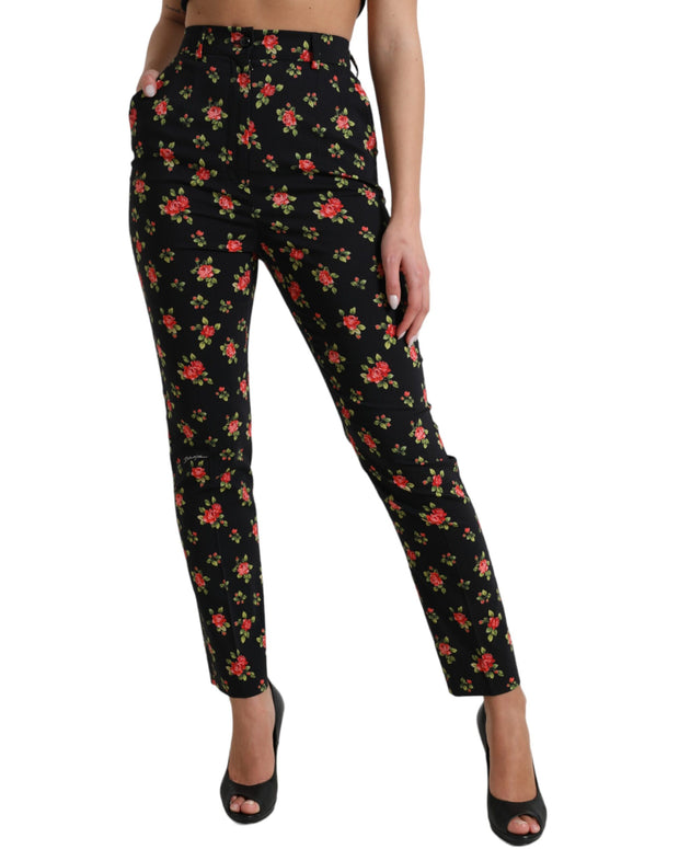 Black Floral Wool High Waist Tapered Pants