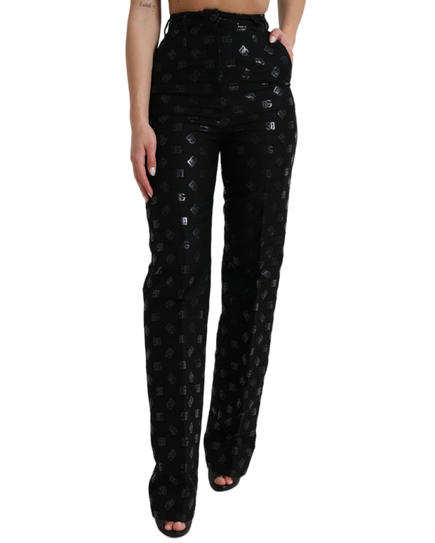 Black Wool DG Logo High Waist Straight Pants
