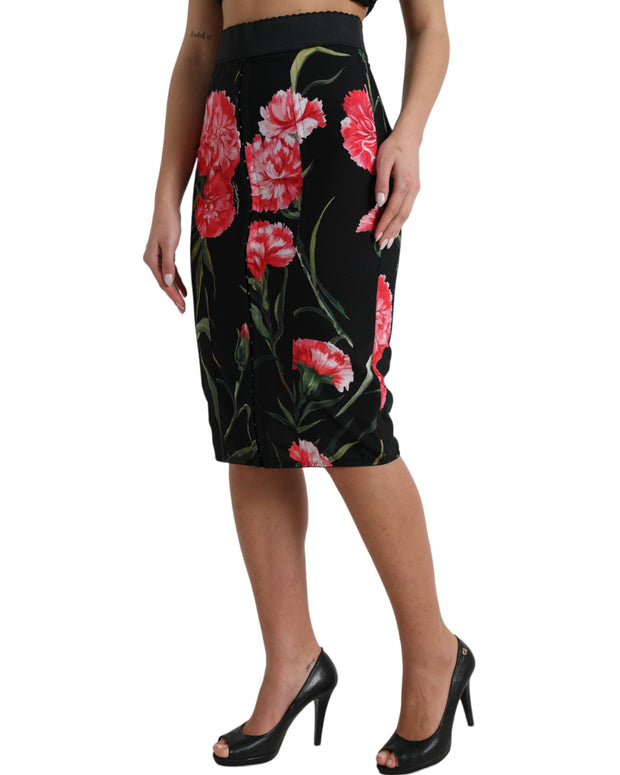 Black Carnation Pencil Cut Knee Length Skirt
