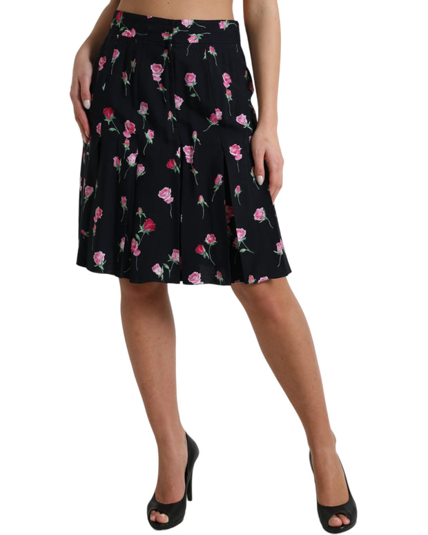 Black Rose High Waist A-line Knee Length Skirt