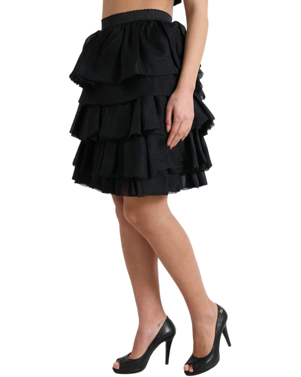Black Tiered Aline High Waist Silk Mini Skirt