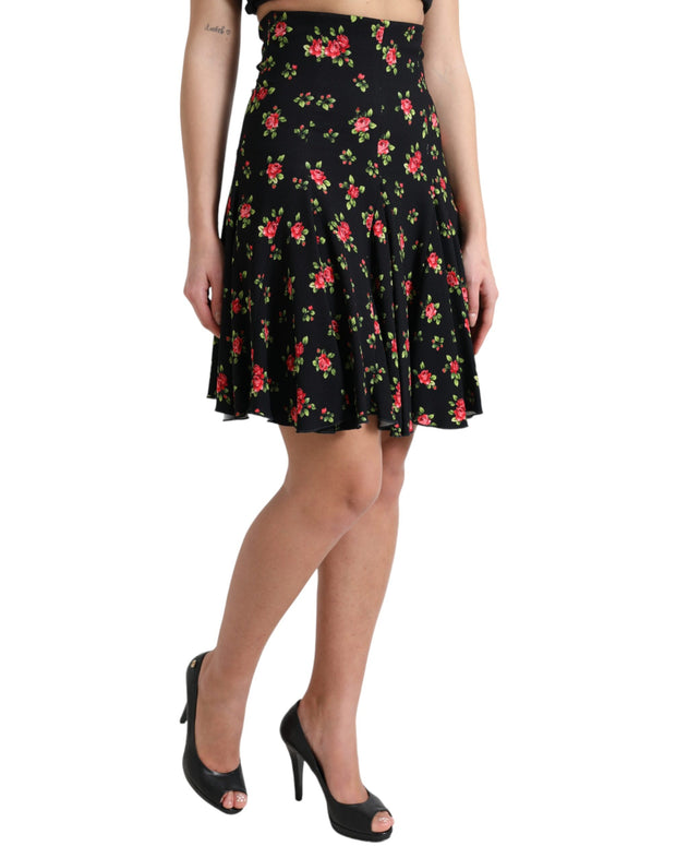 Black Rose Print High Waist A-line Mini Skirt