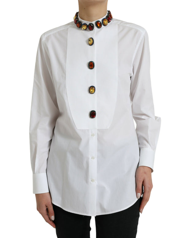 White Cotton Crystals Embellished Shirt Top