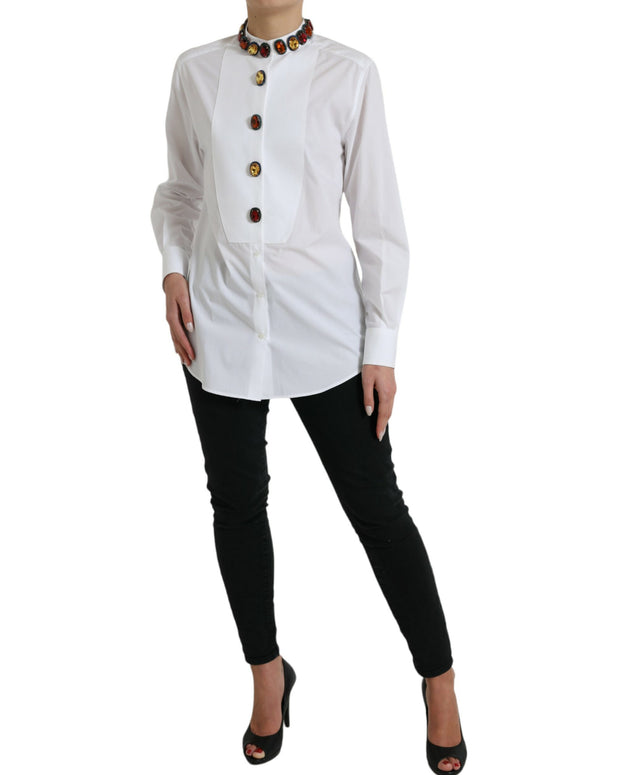 White Cotton Crystals Embellished Shirt Top