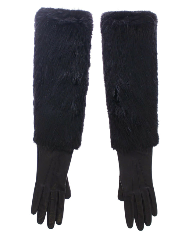 Black Beaver Fur Lambskin Leather Elbow Gloves