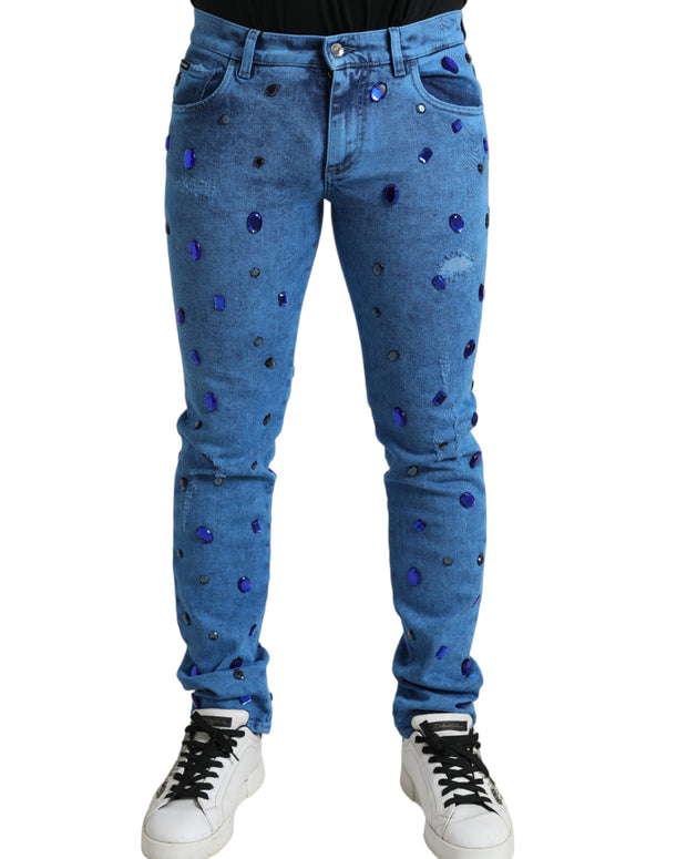 Blue Crystal Embellished Skinny Denim Jeans