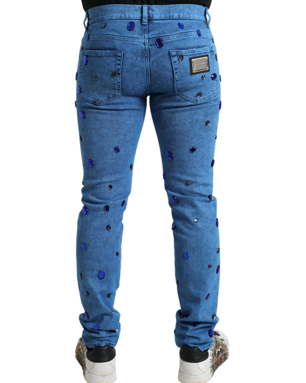 Blue Crystal Embellished Skinny Denim Jeans
