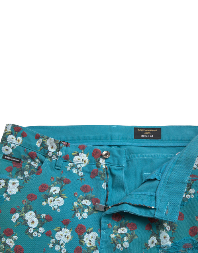 Blue Floral Print Skinny Cotton Denim Pants