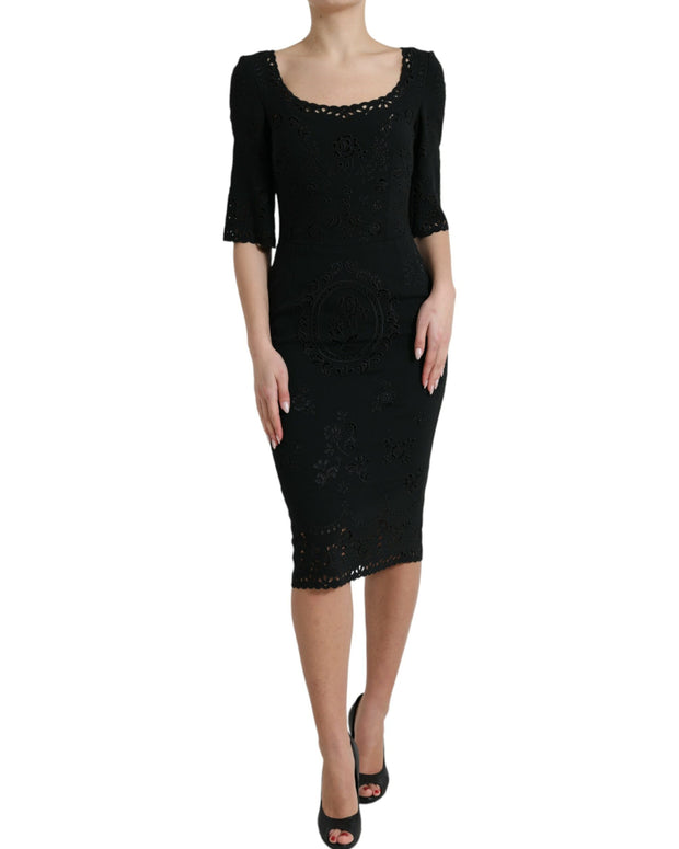 Black Floral Lace Viscose Bodycon Midi Dress