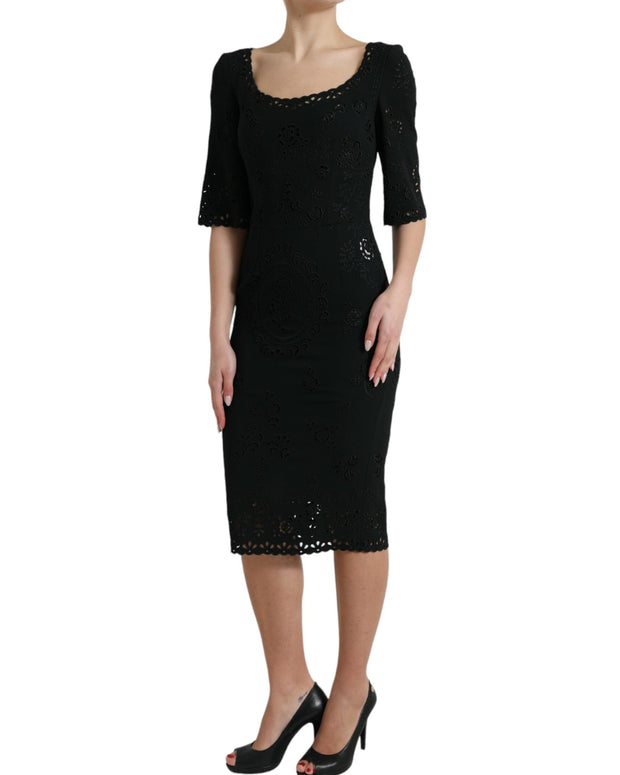 Black Floral Lace Viscose Bodycon Midi Dress