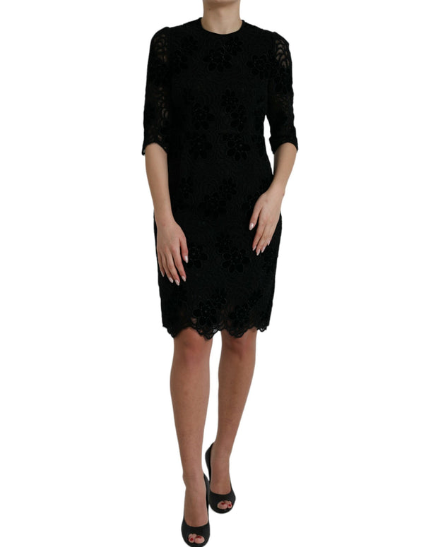 Black Floral Lace Cotton Bodycon Dress