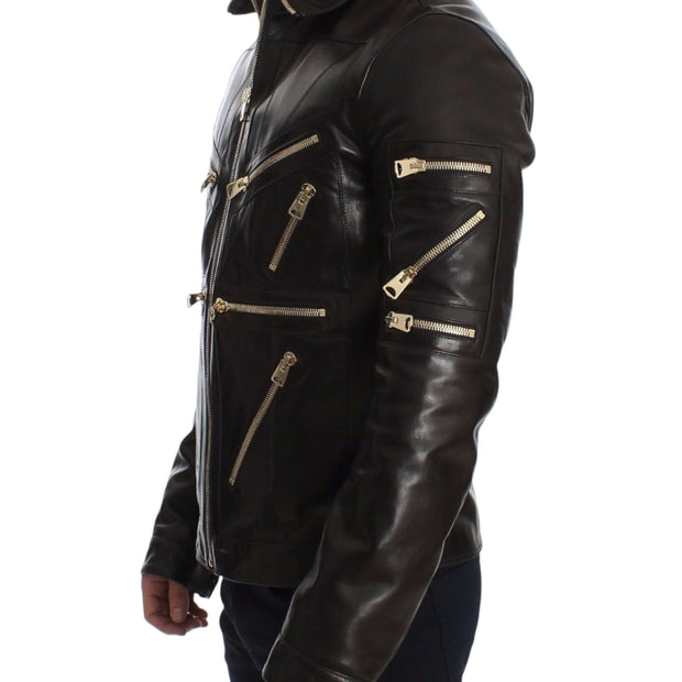 Elegant Brown Gold-Detailed Leather Jacket