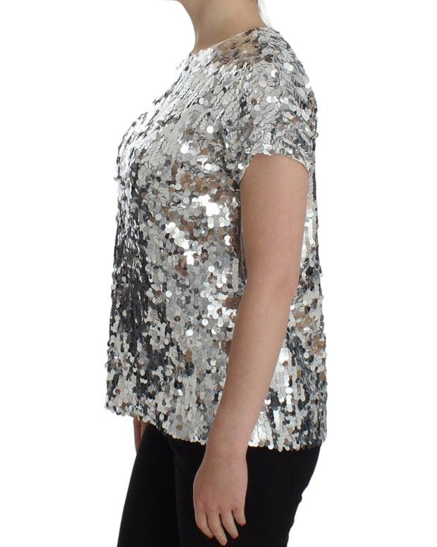 Silver Sequined Crewneck Blouse T-shirt Top