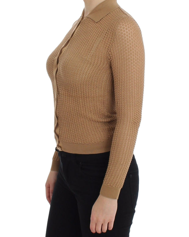 Beige Knitted Cotton Polo Cardigan Sweater