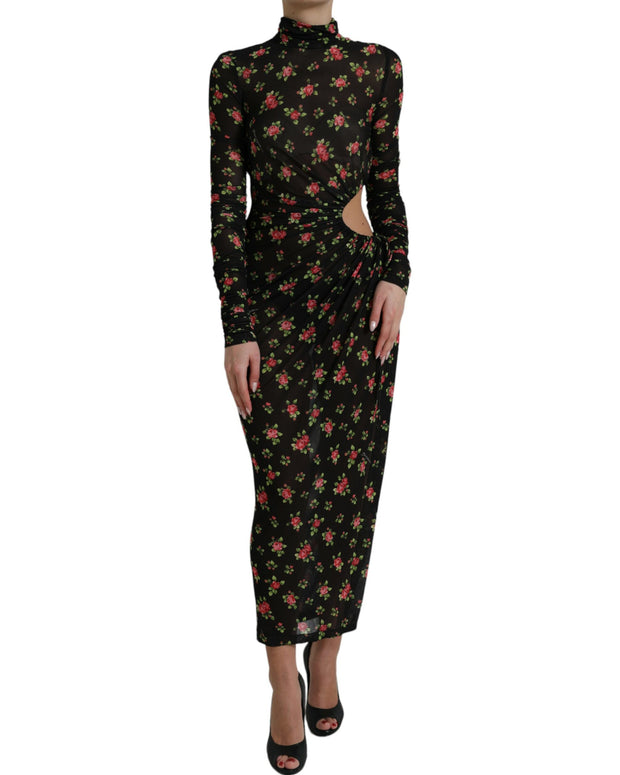 Black Floral Cut Out Sheath Long Maxi Dress