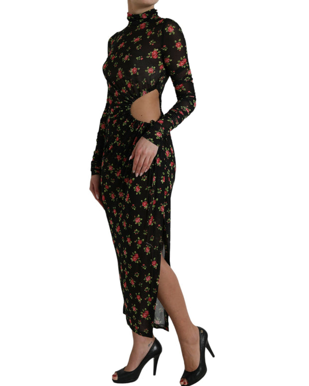 Black Floral Cut Out Sheath Long Maxi Dress