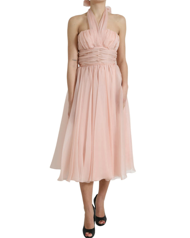 Pink Silk Chiffon Halter A-line Pleated Midi Dress