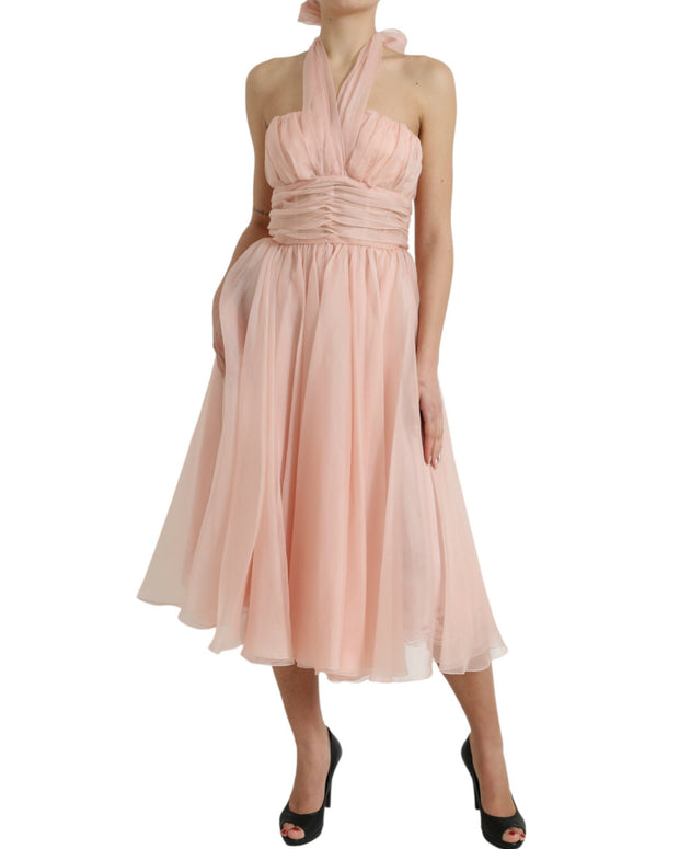 Pink Silk Chiffon Halter A-line Pleated Midi Dress