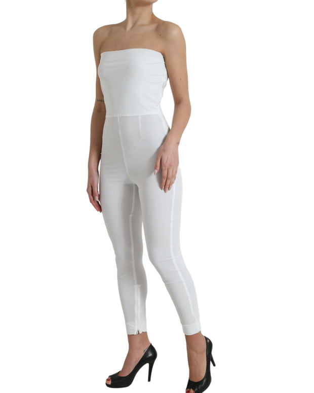 White Nylon Strapless Bodycon Jumpsuit Dress