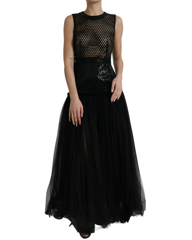 Black Sequined Sleeveless Mesh Layered Gown Dress