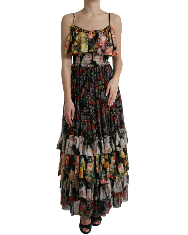 Multicolor Floral Chiffon Tiered Maxi Dress