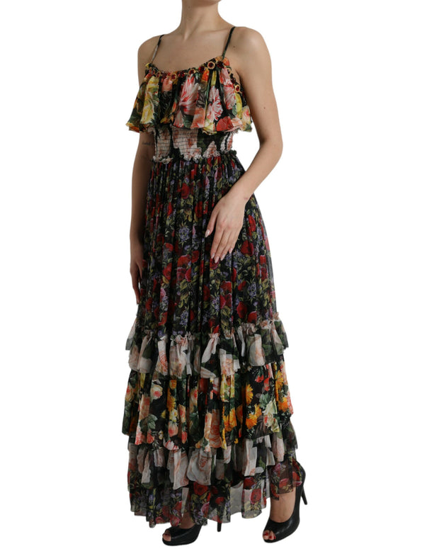Multicolor Floral Chiffon Tiered Maxi Dress