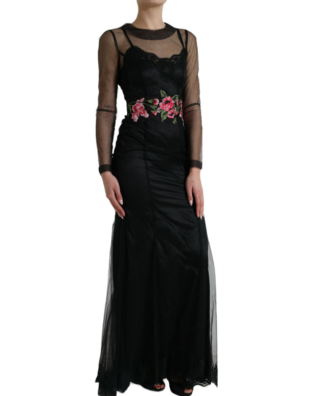 Black Floral Embroidery Mesh Tulle Gown Dress