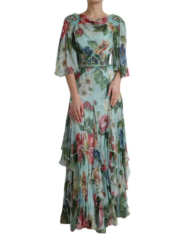 Blue Floral Print Tiered Long Maxi Dress
