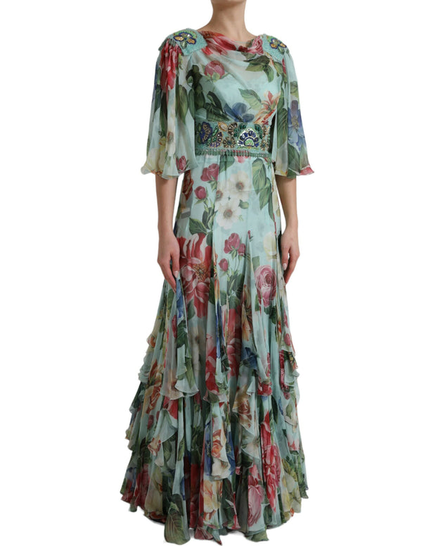 Blue Floral Print Tiered Long Maxi Dress
